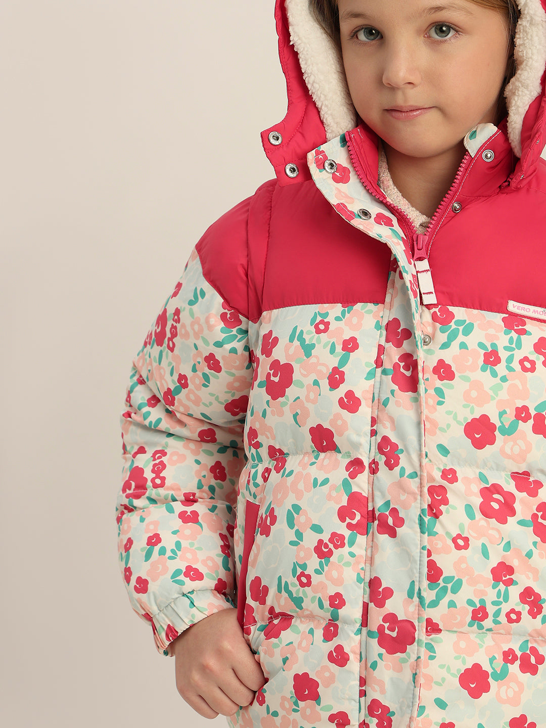 Girls Pink Printed Hooded Puffer Jacket