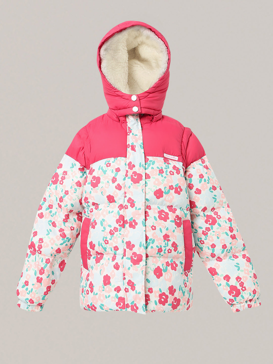 Girls Pink Printed Hooded Puffer Jacket