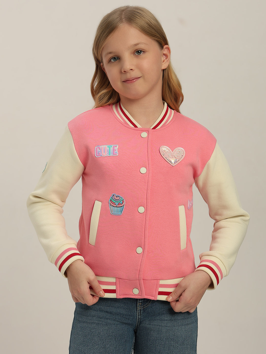 GIRLS Pink Printed Varsity Jacket