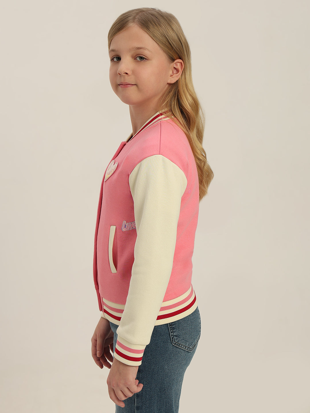 GIRLS Pink Printed Varsity Jacket