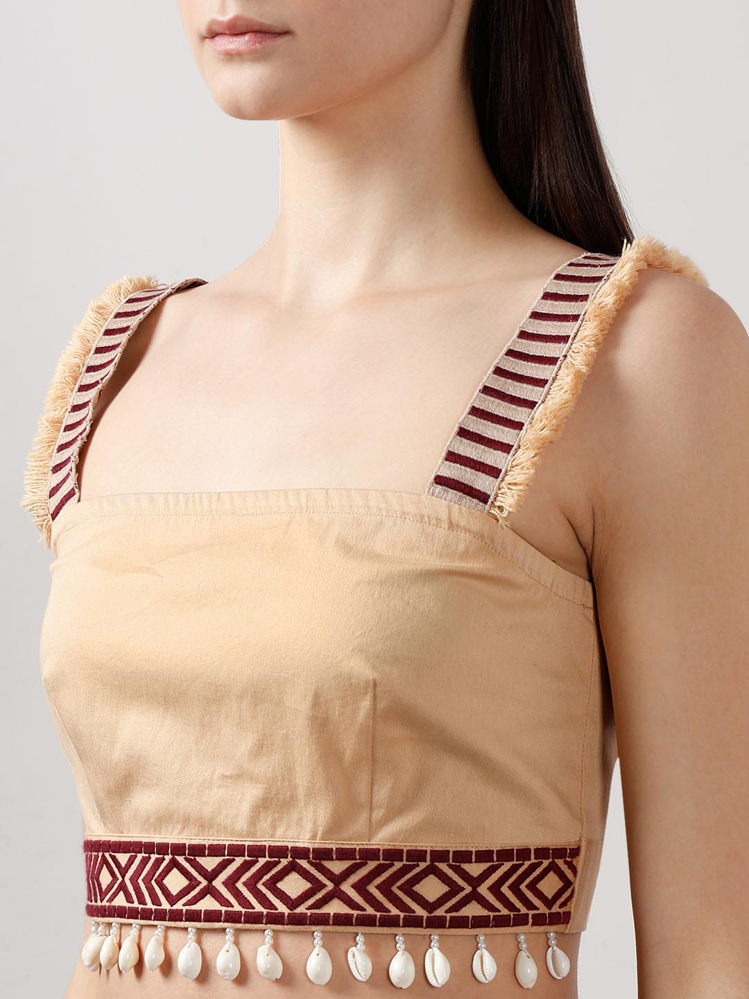 Vero Moda Beige Shell Tassels Cotton Crop Top