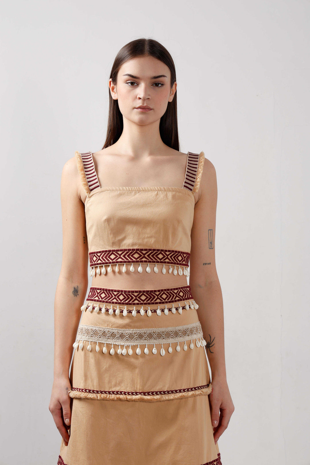 Vero Moda Beige Shell Tassels Cotton Crop Top