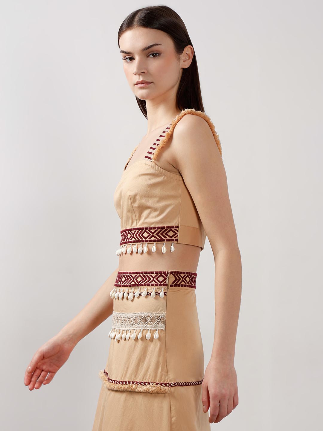 Vero Moda Beige Shell Tassels Cotton Crop Top