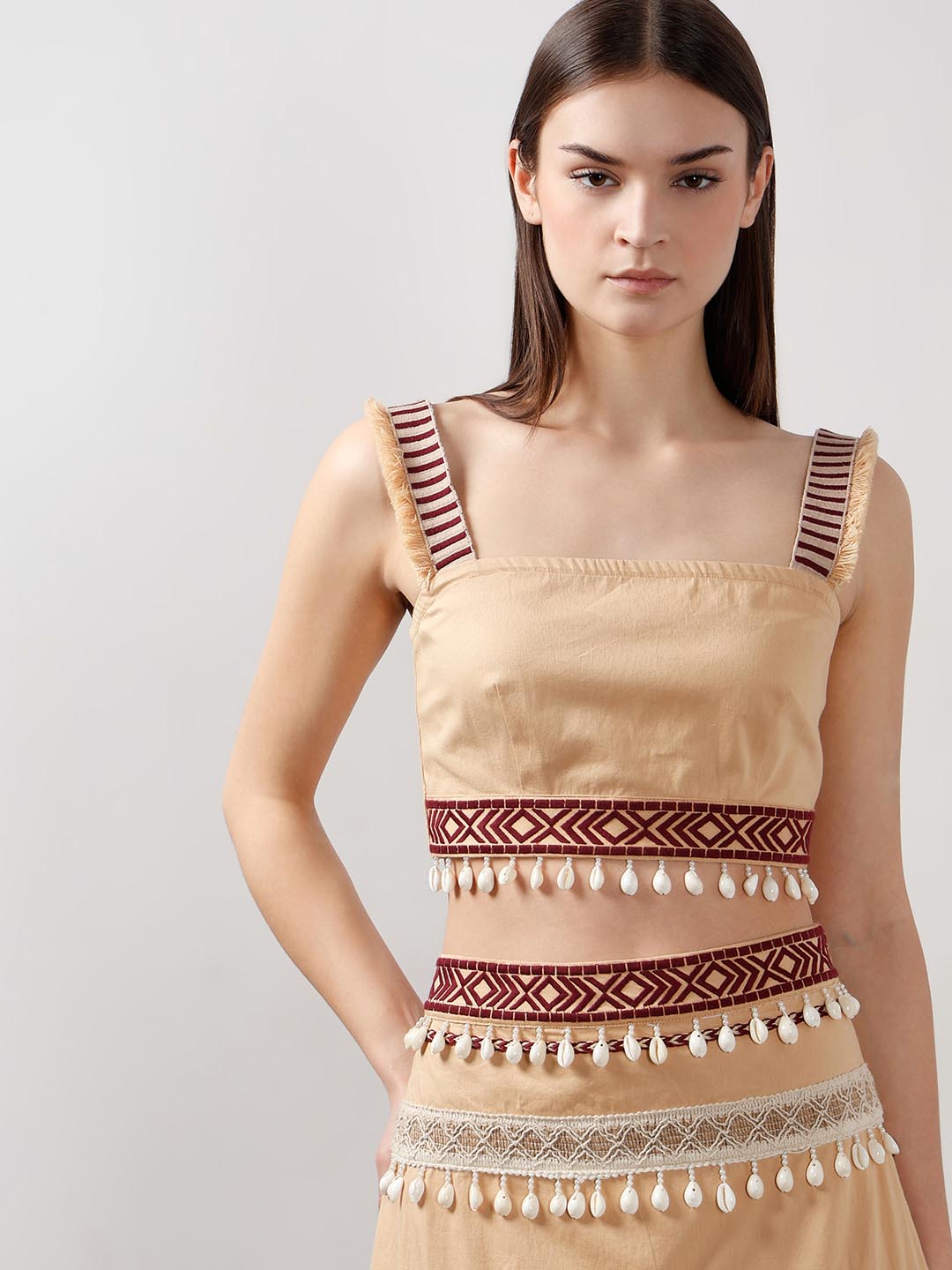 Vero Moda Beige Shell Tassels Cotton Crop Top