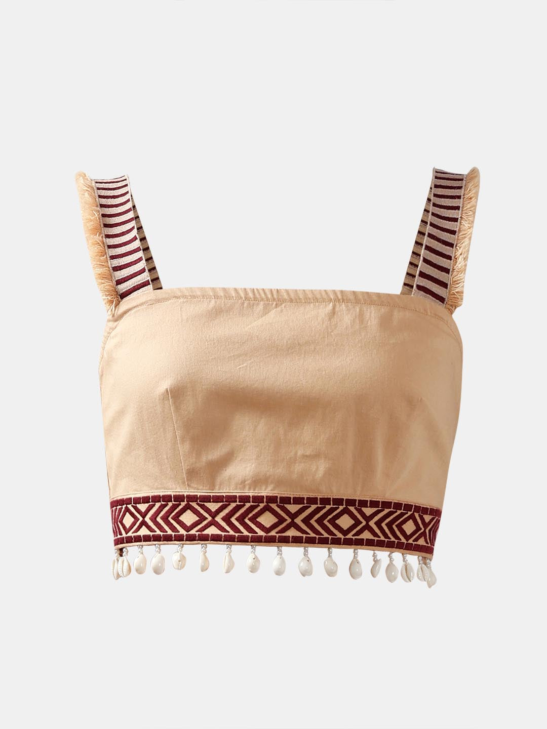 Vero Moda Beige Shell Tassels Cotton Crop Top