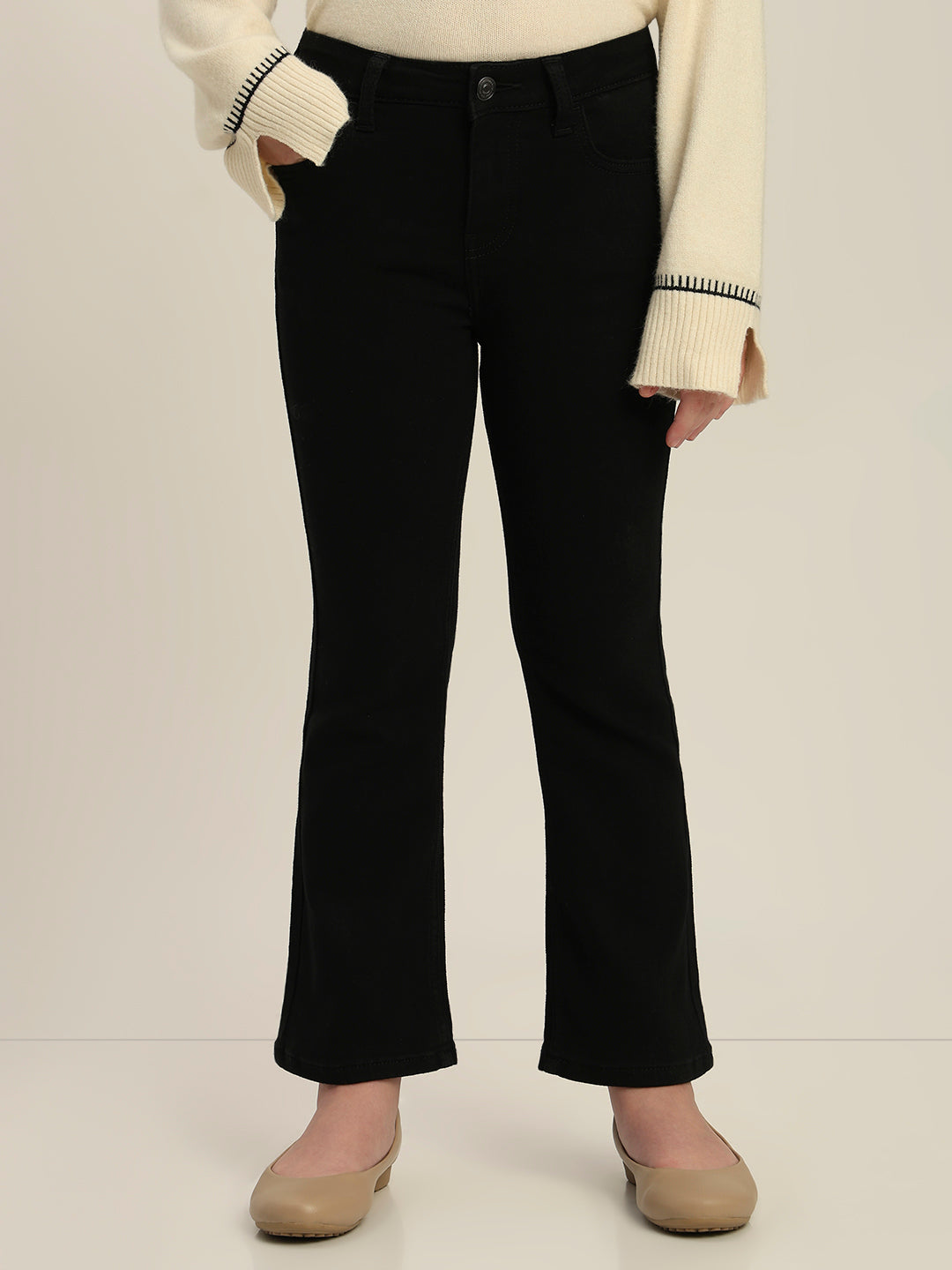 Girls Black Cotton Flared Jeans