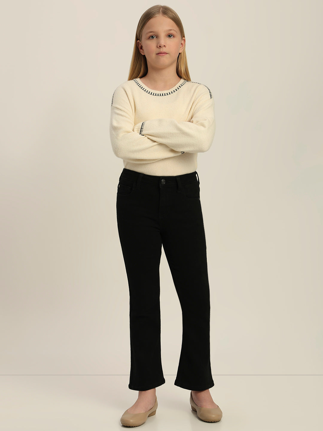 Girls Black Cotton Flared Jeans