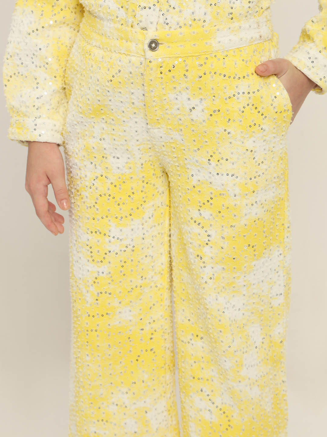 GIRLS Yellow Embellished Cotton Pants