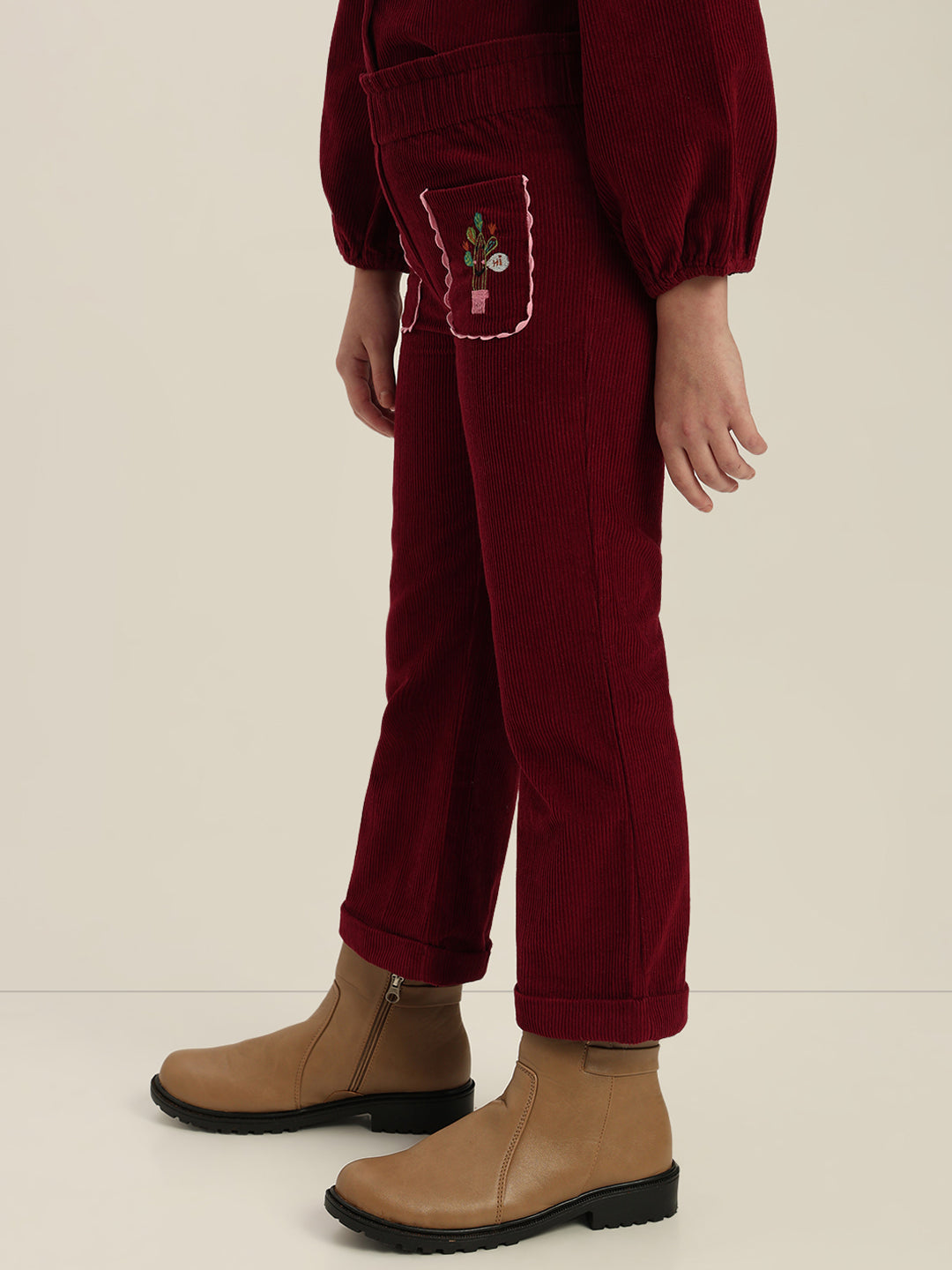 GIRLS Maroon Embroidered Corduroy Pants