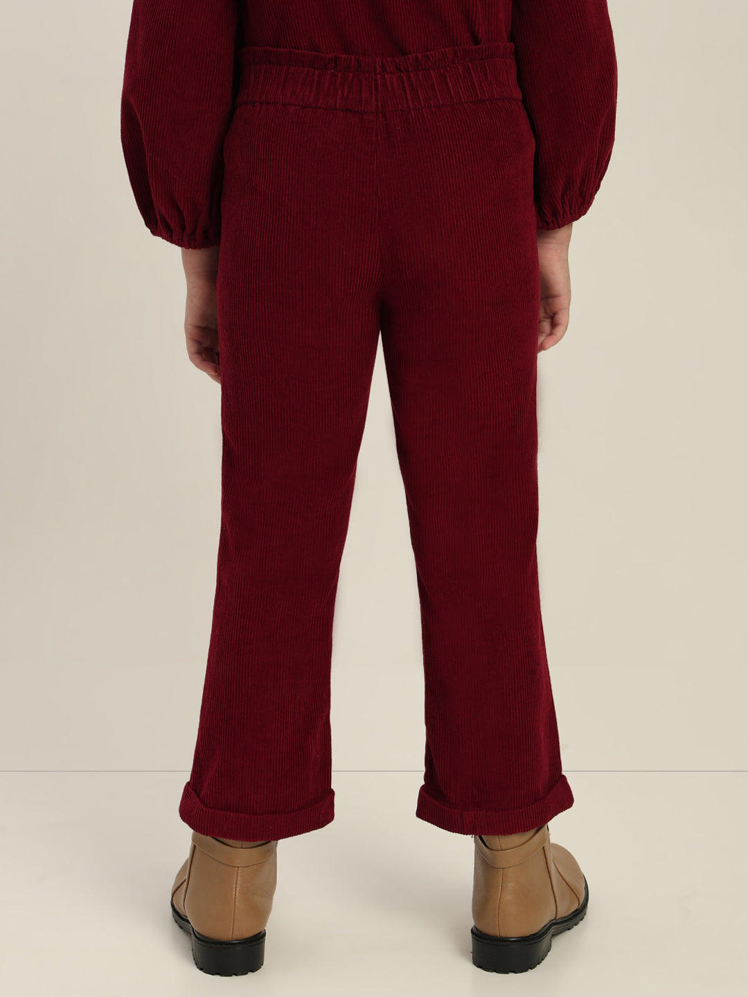 GIRLS Maroon Embroidered Corduroy Pants
