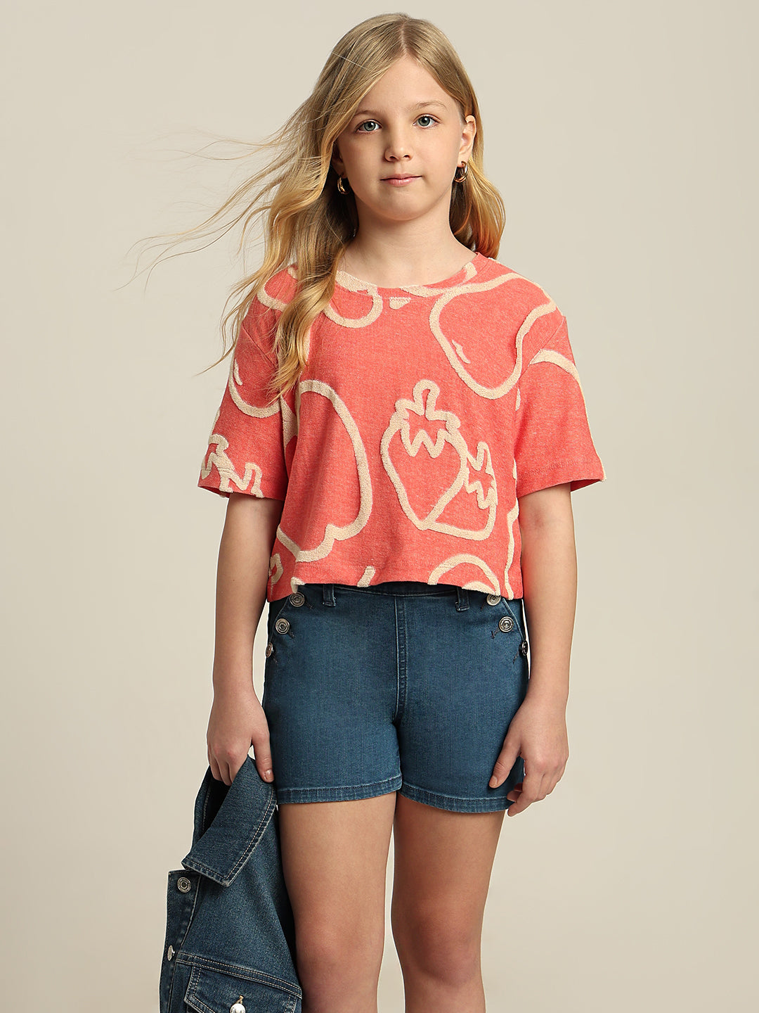 GIRLS Red Printed Cropped T-shirt