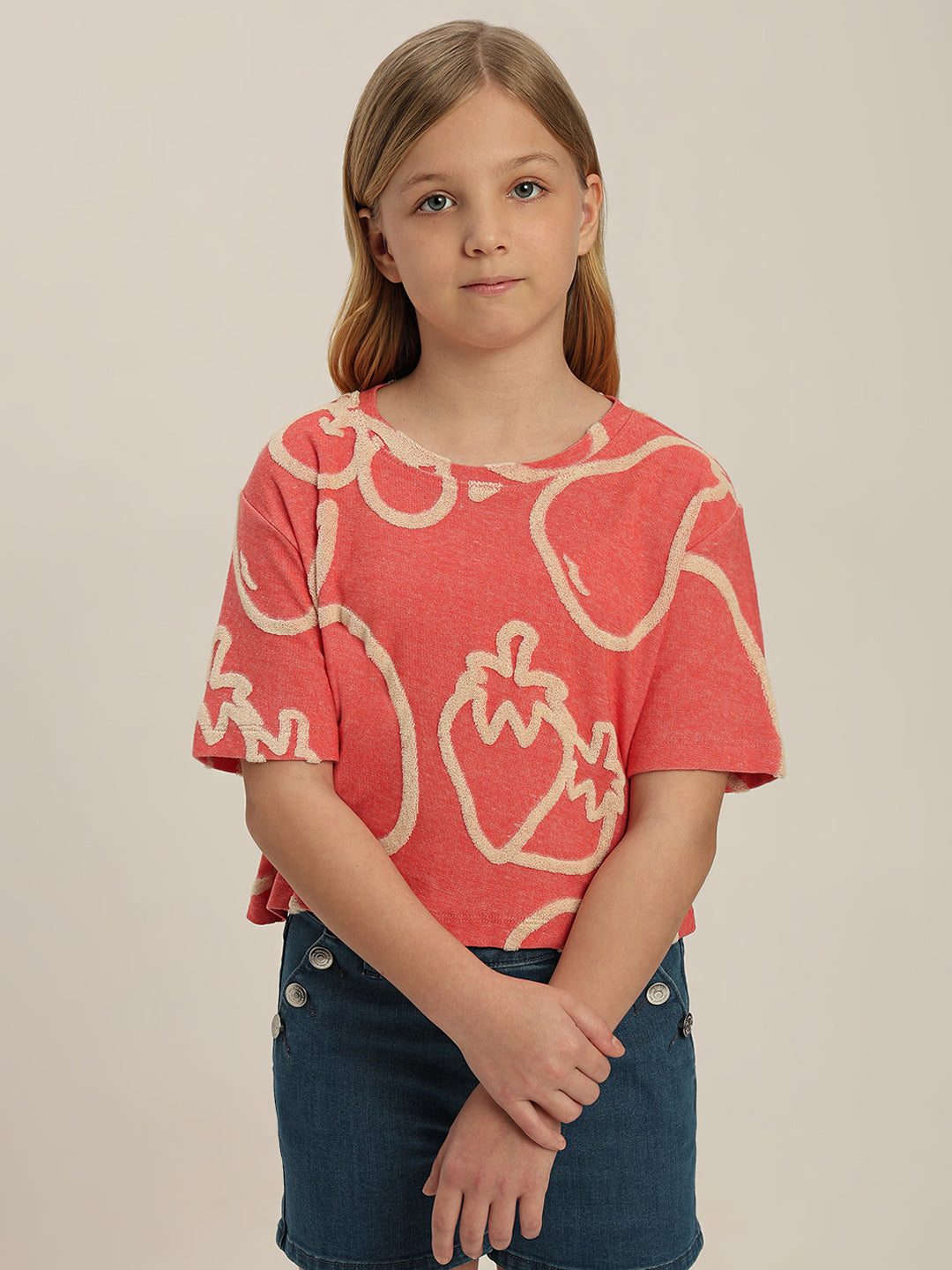 GIRLS Red Printed Cropped T-shirt
