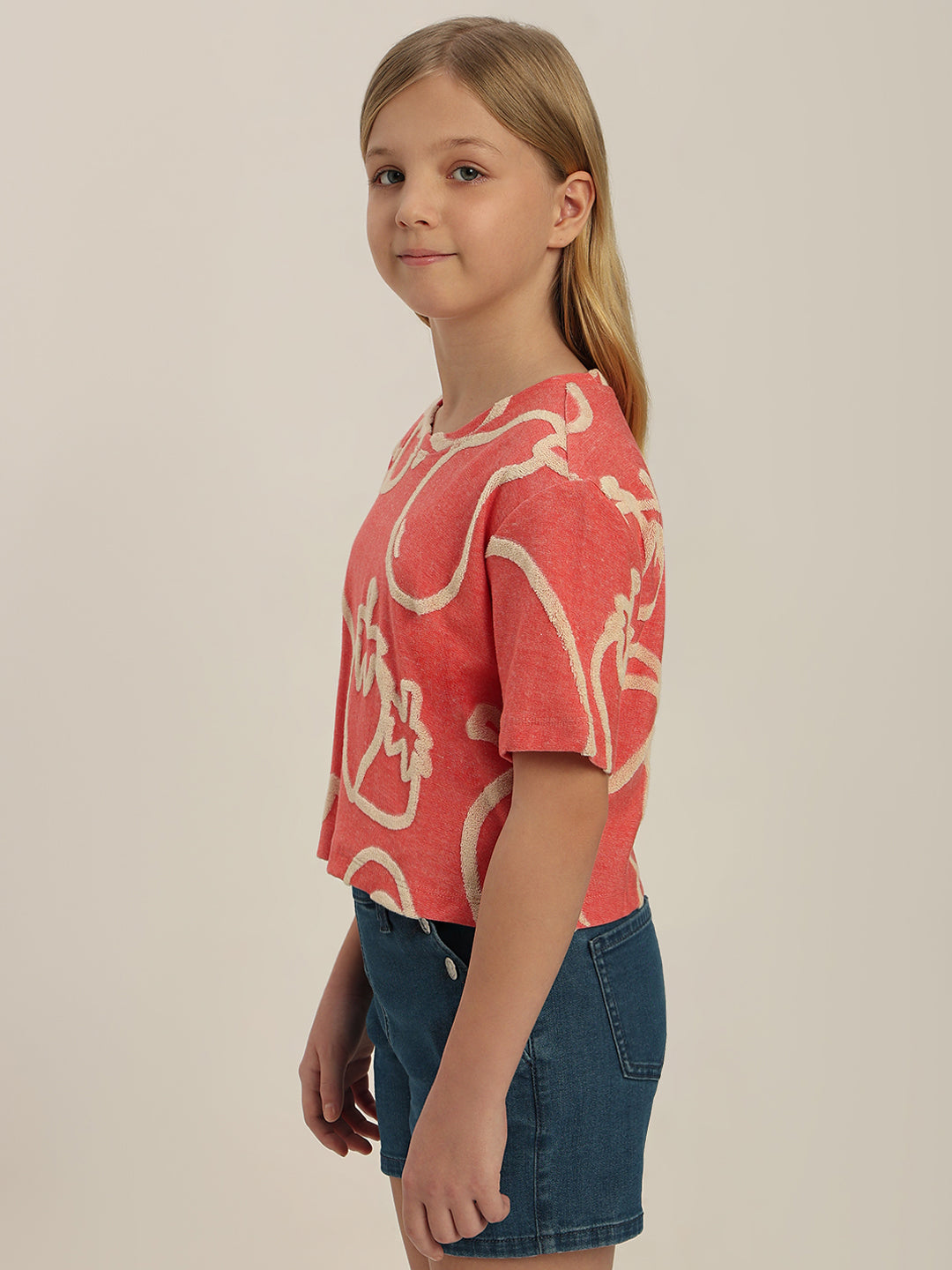 GIRLS Red Printed Cropped T-shirt
