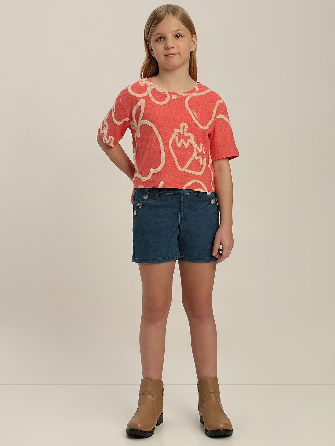 GIRLS Red Printed Cropped T-shirt
