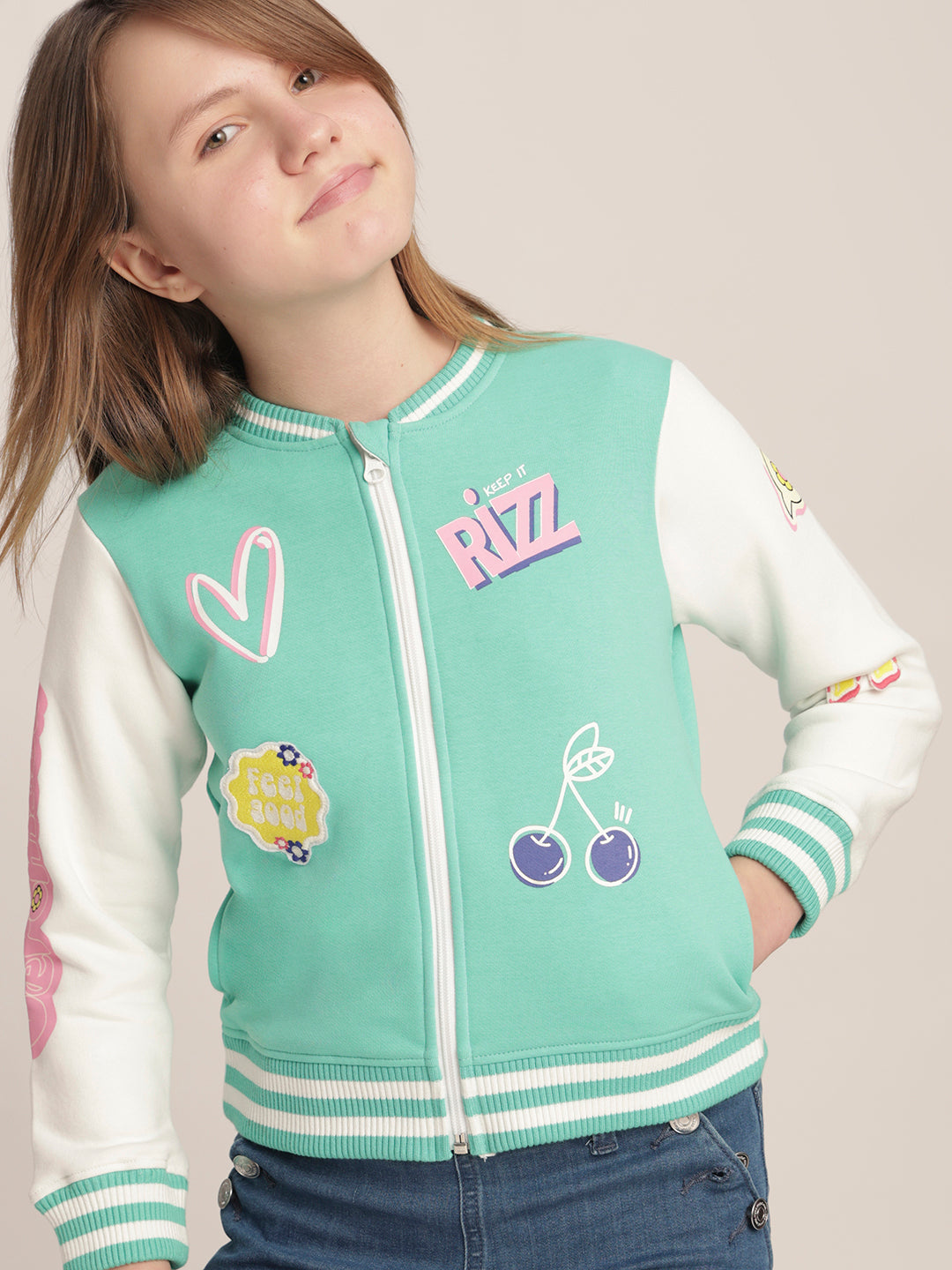 Girls Green Varsity Bomber Jacket