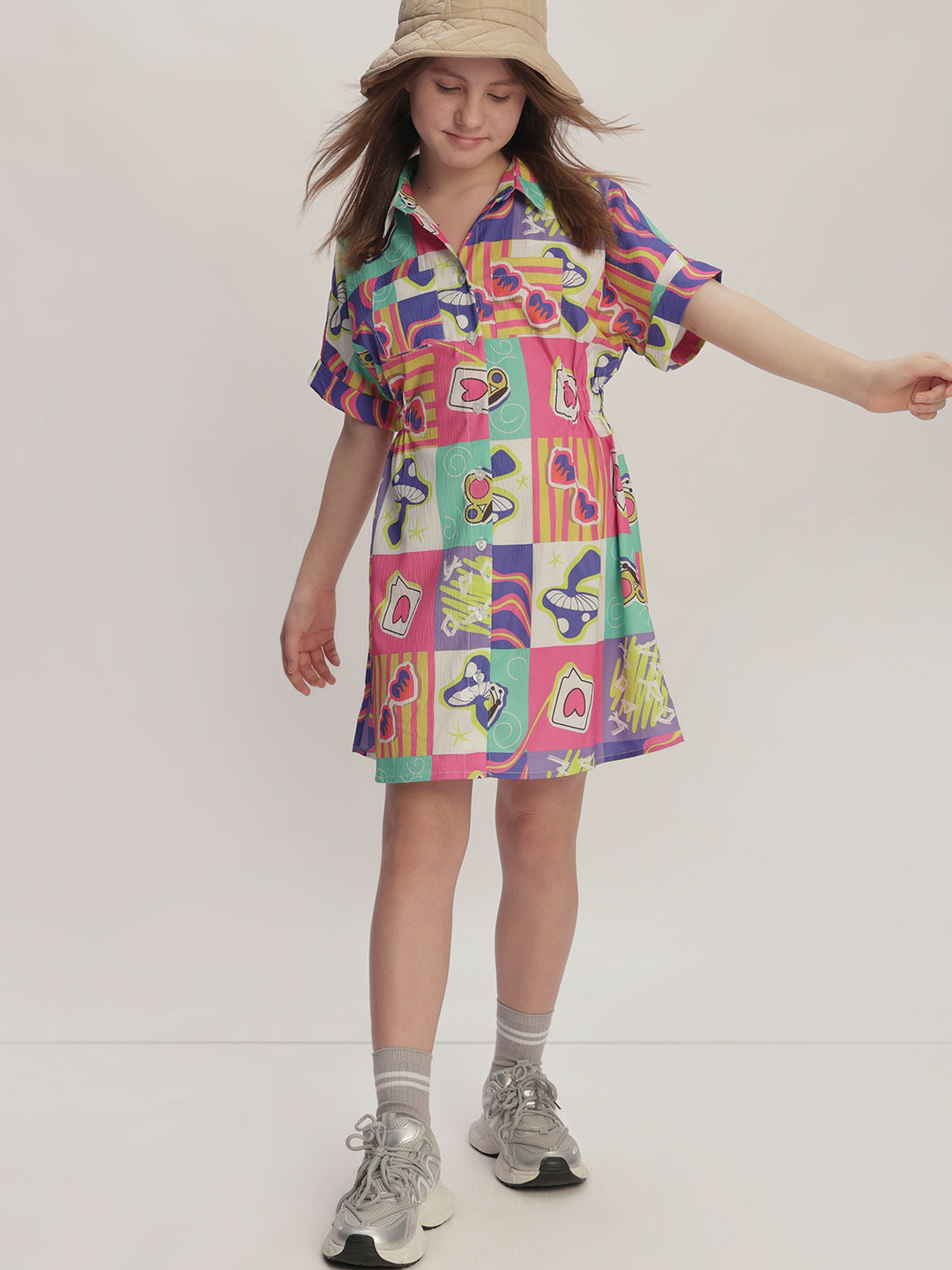 Girls Comic Block Print Shirt Dress