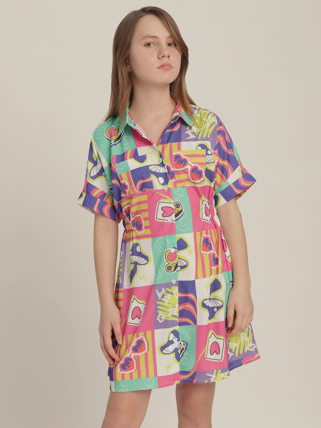 Girls Comic Block Print Shirt Dress