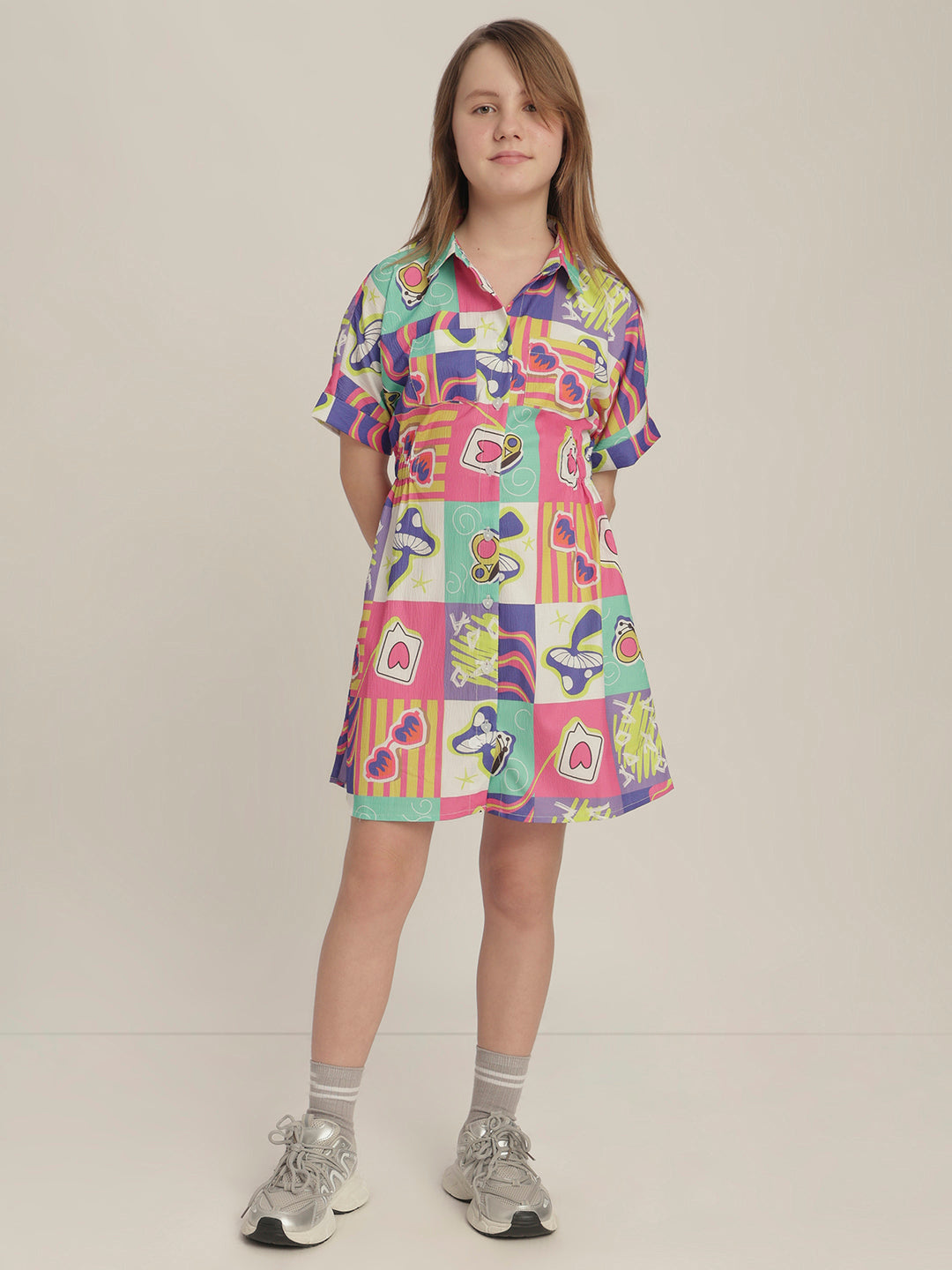 Girls Comic Block Print Shirt Dress