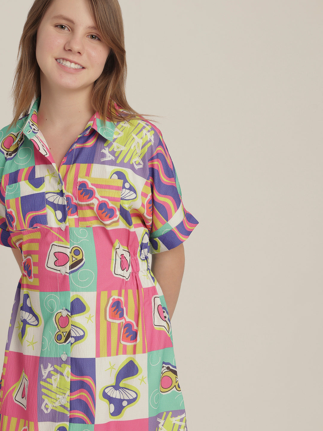 Girls Comic Block Print Shirt Dress