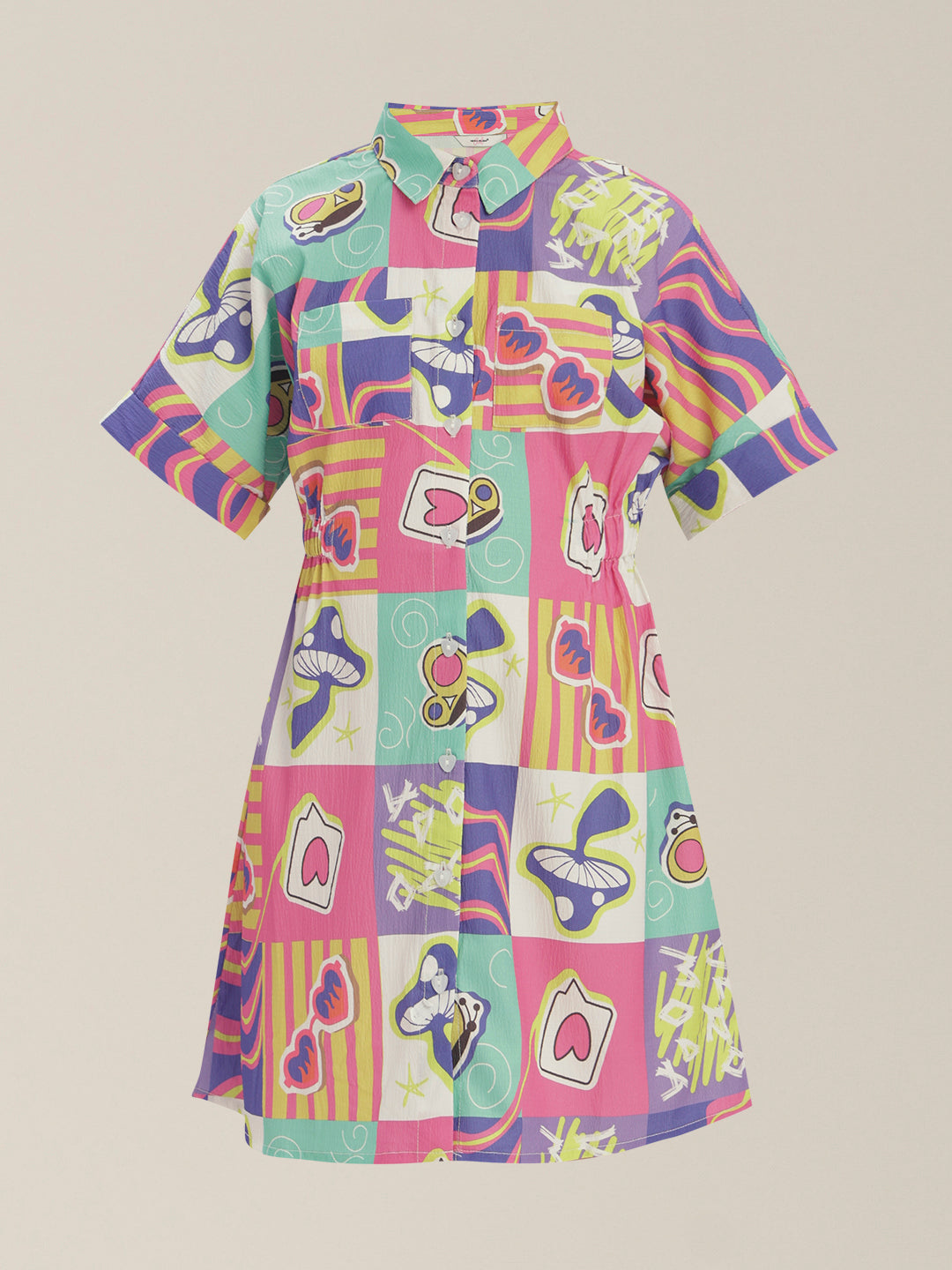 Girls Comic Block Print Shirt Dress