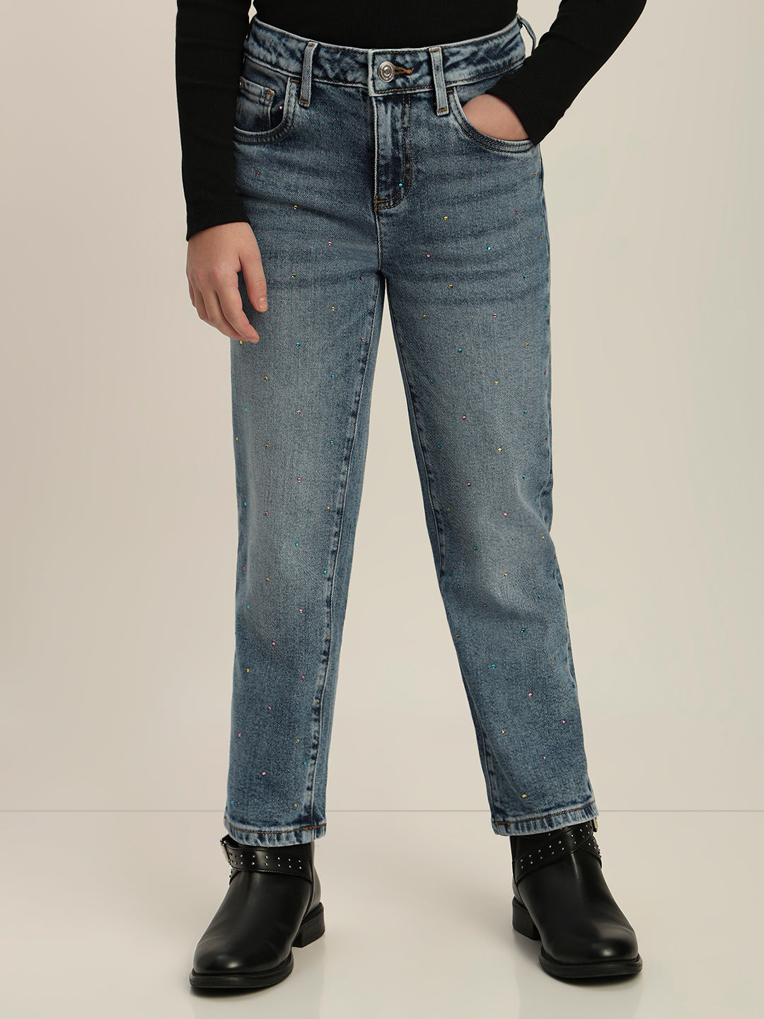 Girls Embellished Mom Fit Jeans