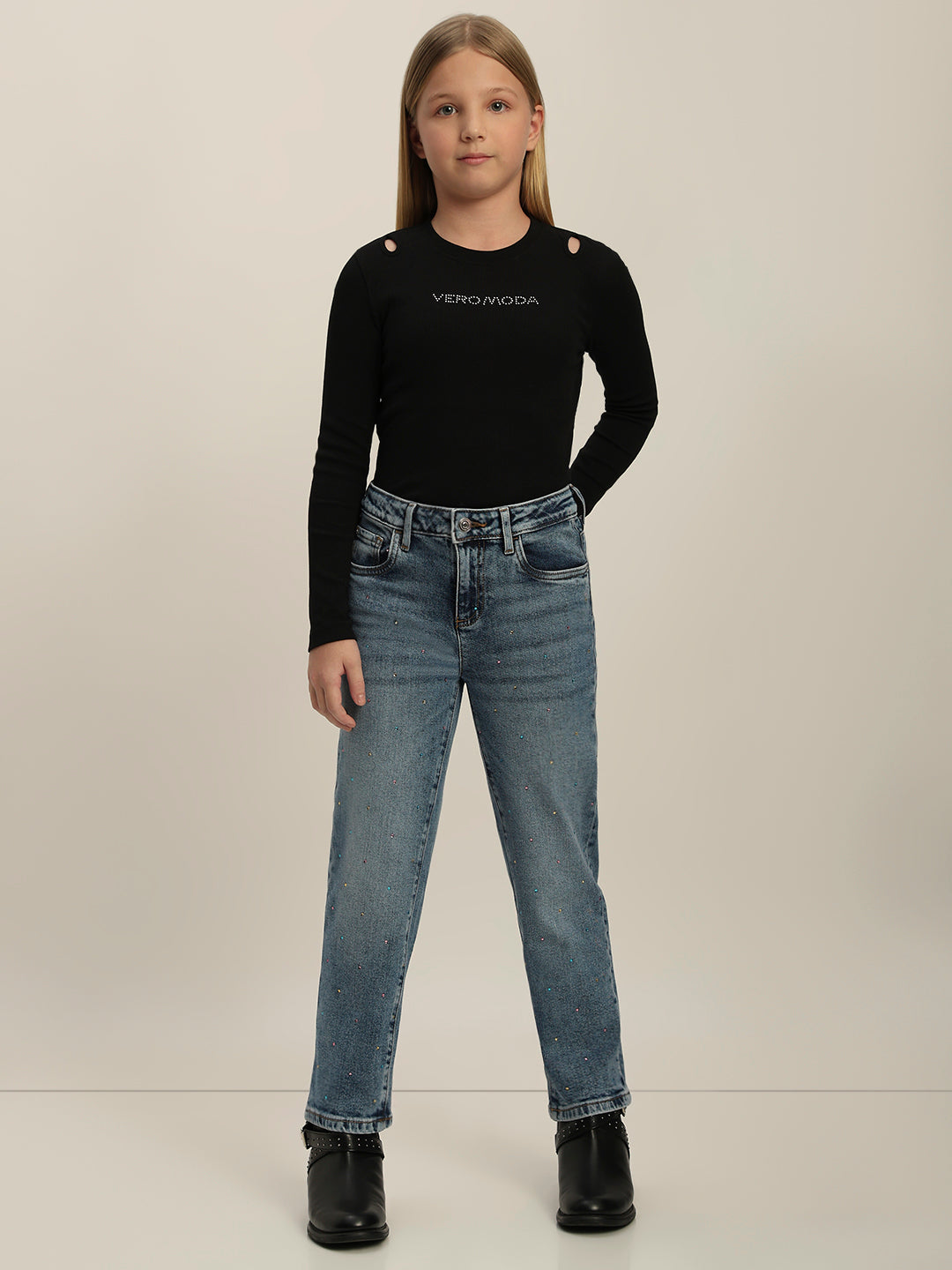 Girls Embellished Mom Fit Jeans