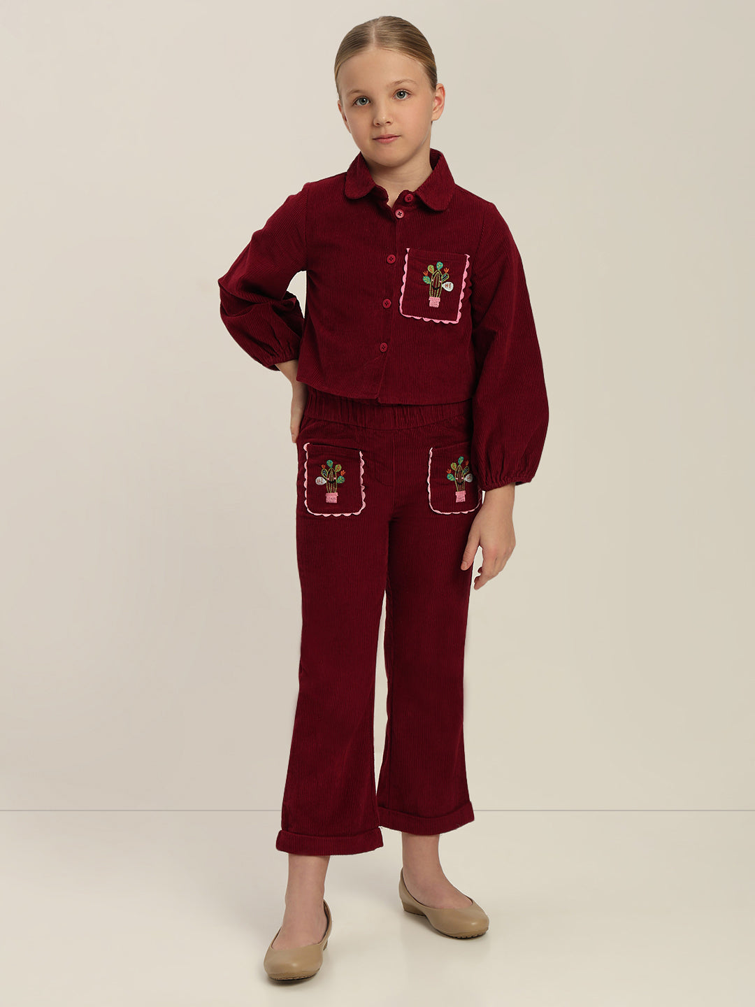 GIRLS Maroon Embroidered Corduroy Shirt