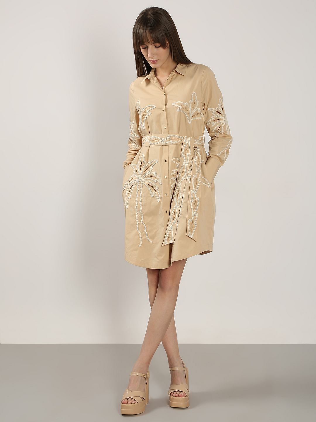 Beige Embroidered Print Shirt Dress