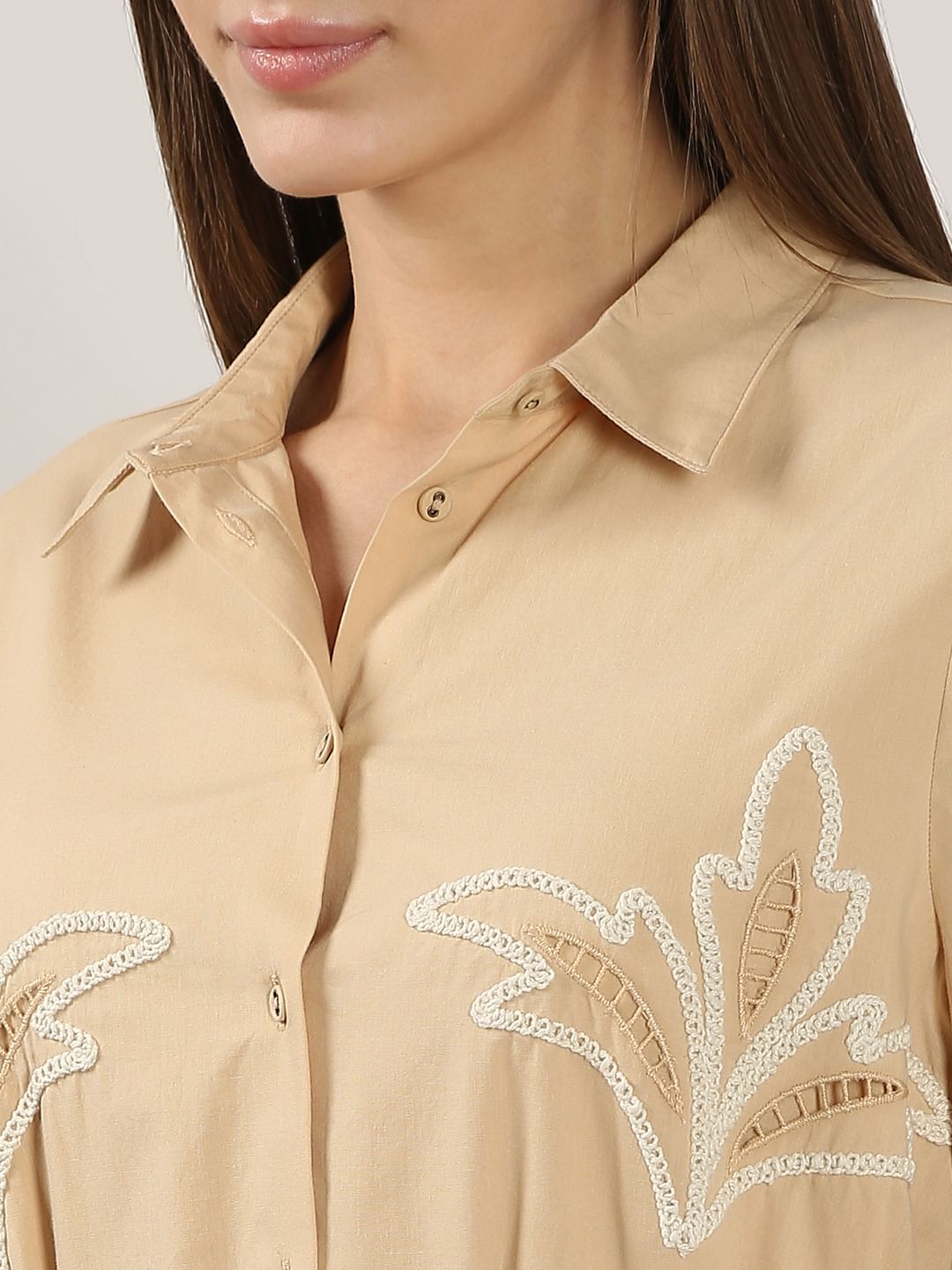 Beige Embroidered Print Shirt Dress