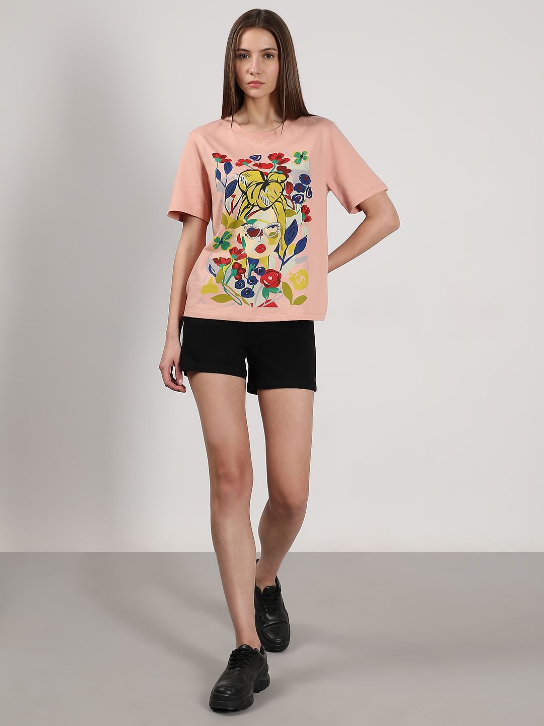 Pink Printed Cotton T-Shirt