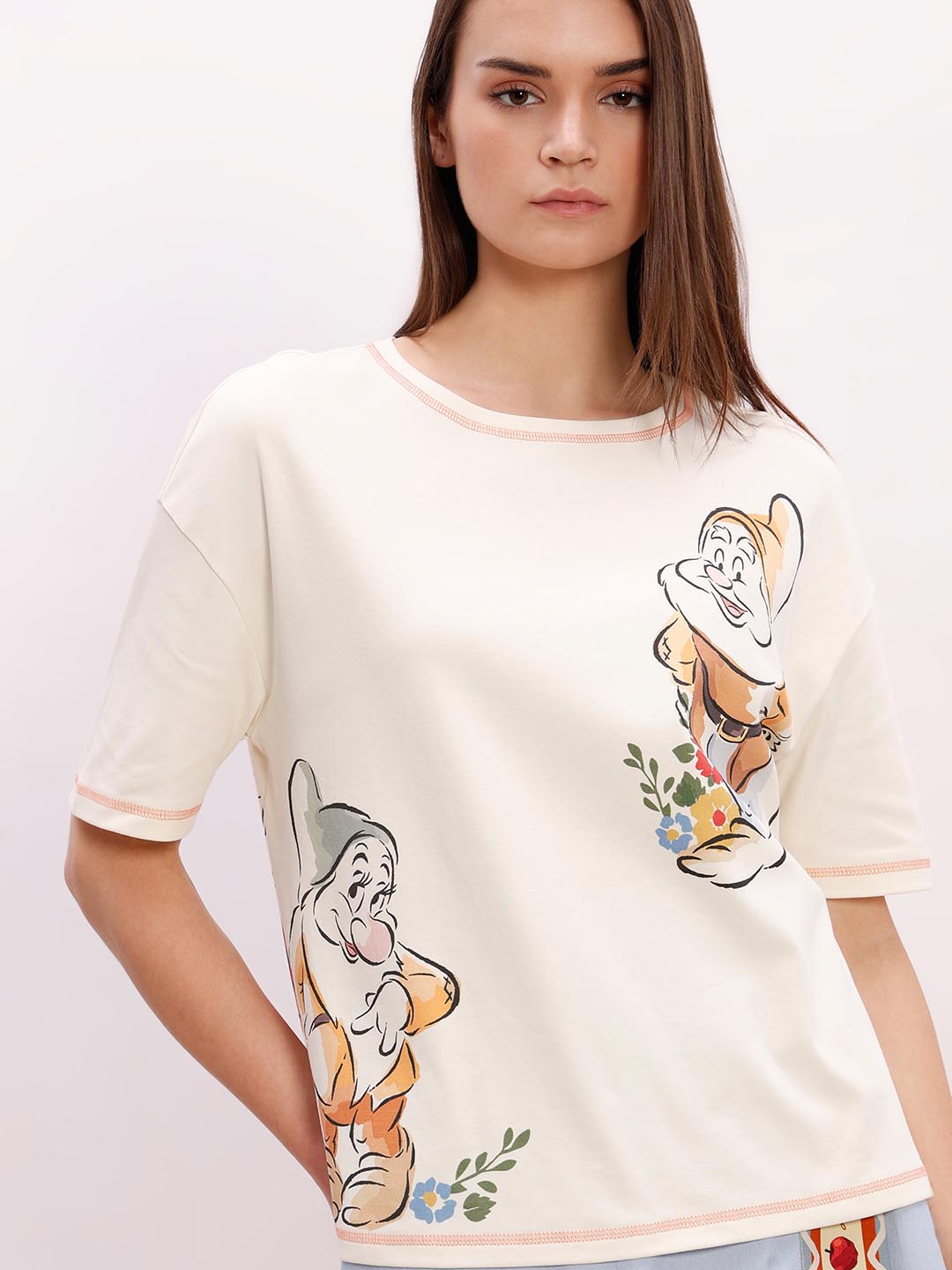 Vero Moda off-White Printed Cotton T-Shirt