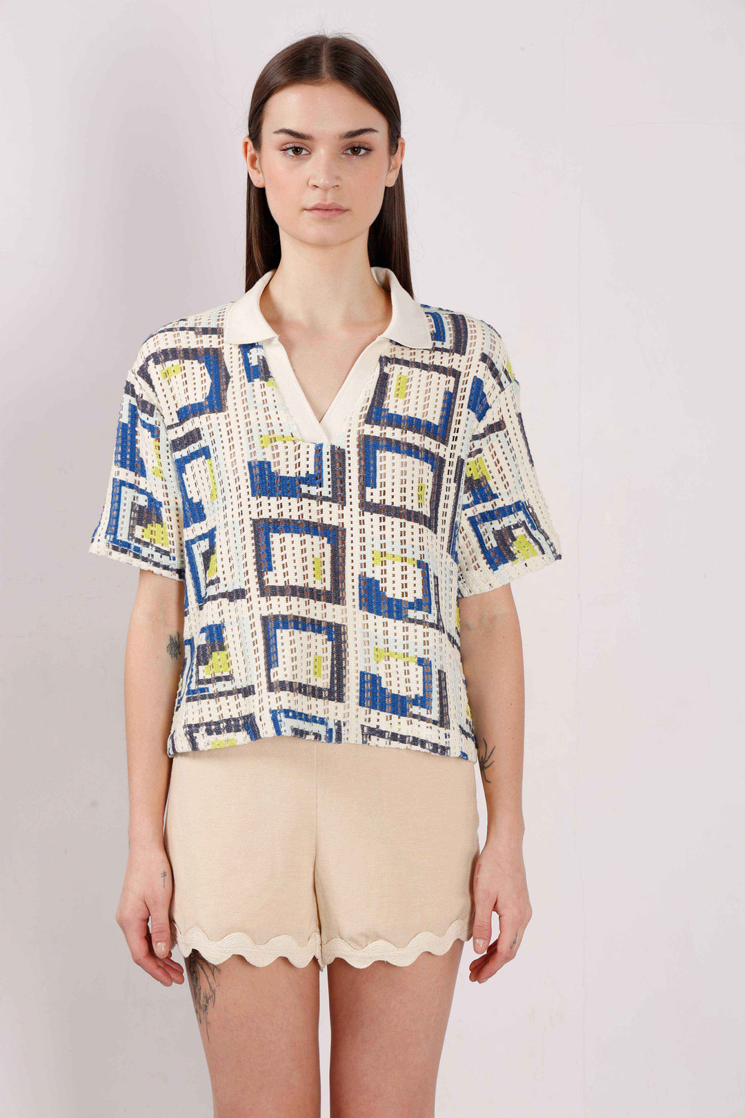 Vero Moda off-White Printed Knitted Polo