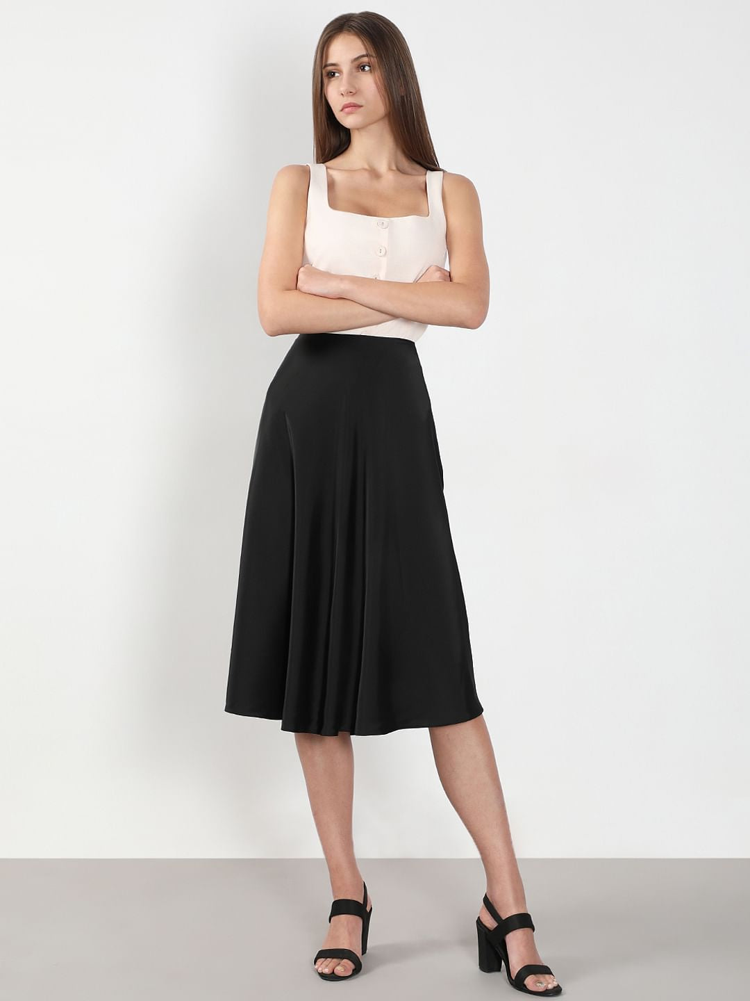 Black Flared Midi Skirt