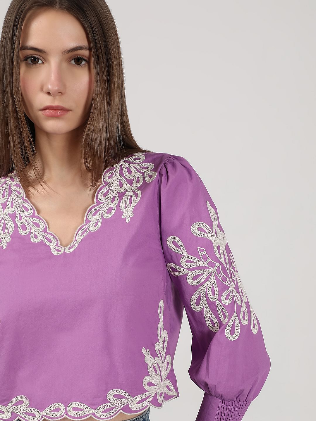 Purple Embroidered Cotton Top