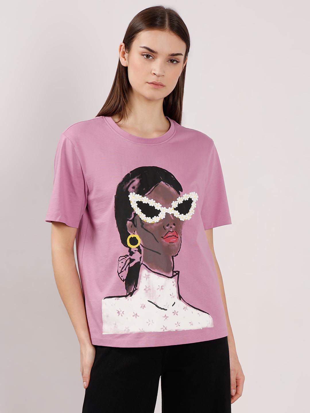Vero Moda Light Lilac Printed Cotton T-Shirt