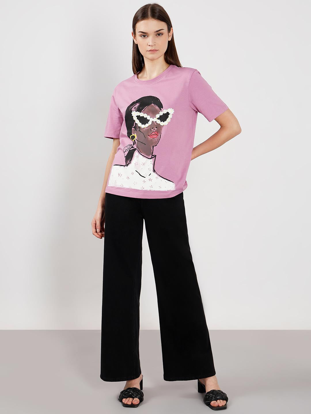 Vero Moda Light Lilac Printed Cotton T-Shirt