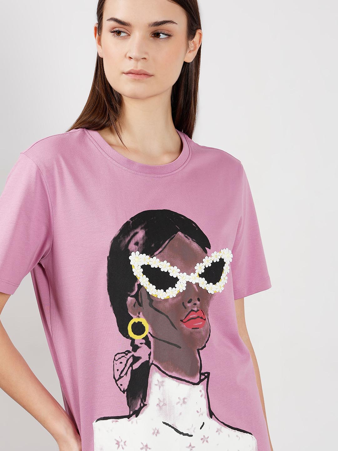 VERO MODA Light Lilac Printed Cotton T-shirt