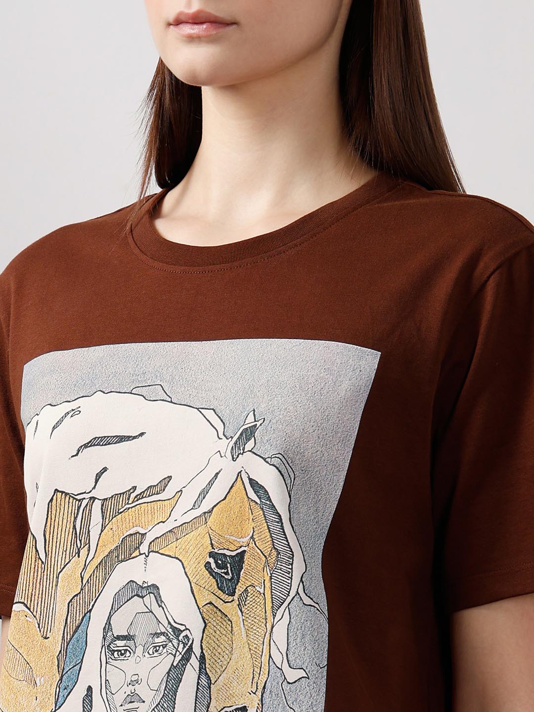 Vero Moda Dark Brown Printed Cotton T-Shirt