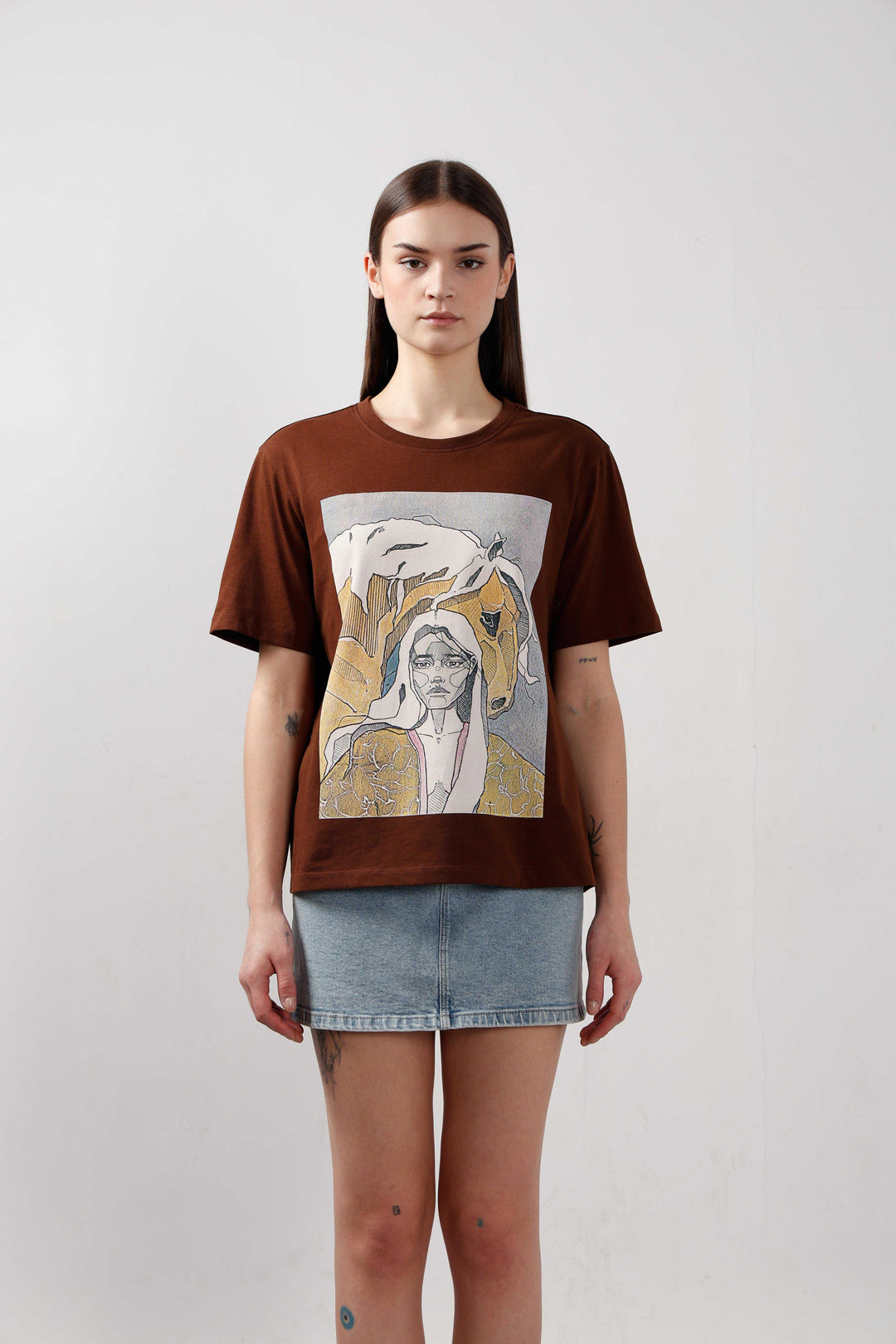 Vero Moda Dark Brown Printed Cotton T-Shirt