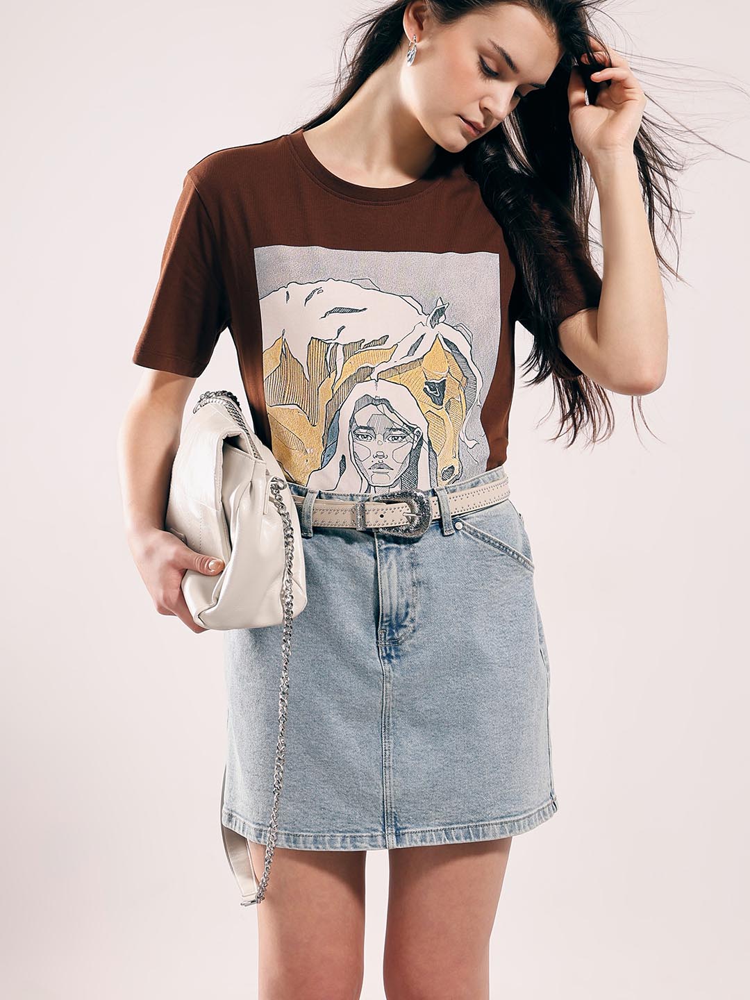 Vero Moda Dark Brown Printed Cotton T-Shirt