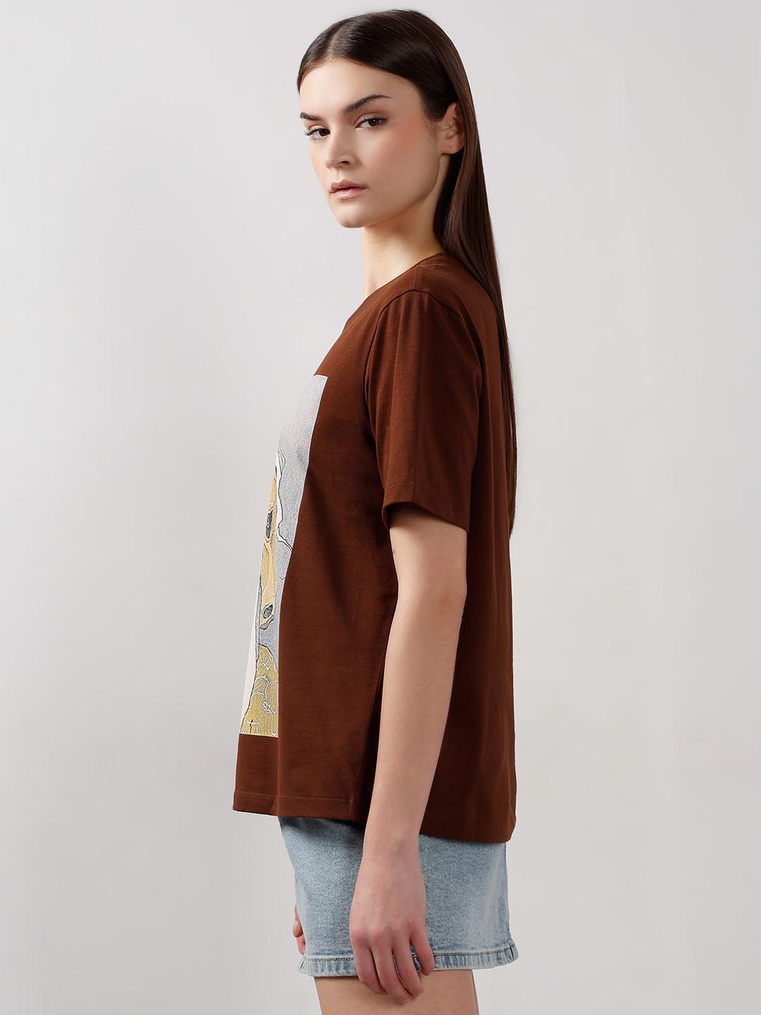 Vero Moda Dark Brown Printed Cotton T-Shirt