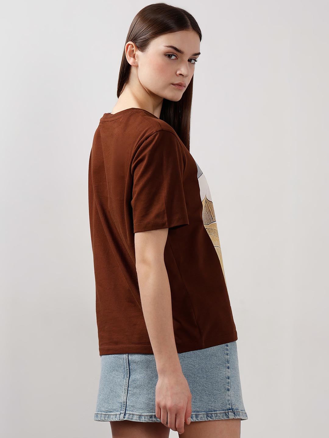 Vero Moda Dark Brown Printed Cotton T-Shirt