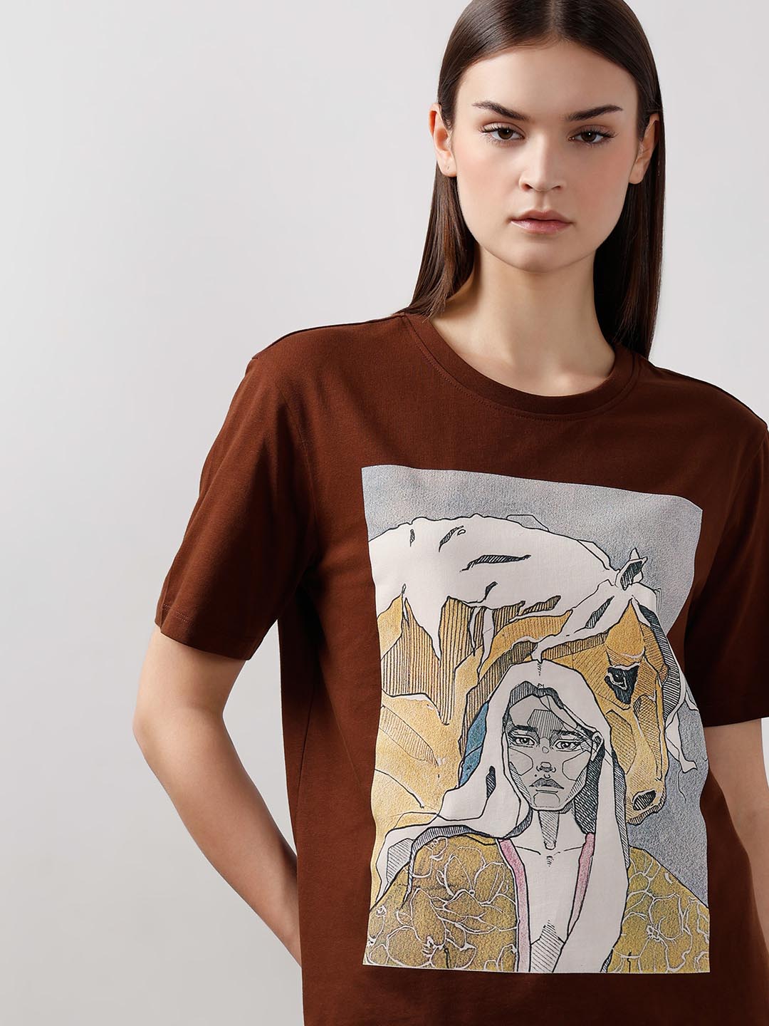 Vero Moda Dark Brown Printed Cotton T-Shirt