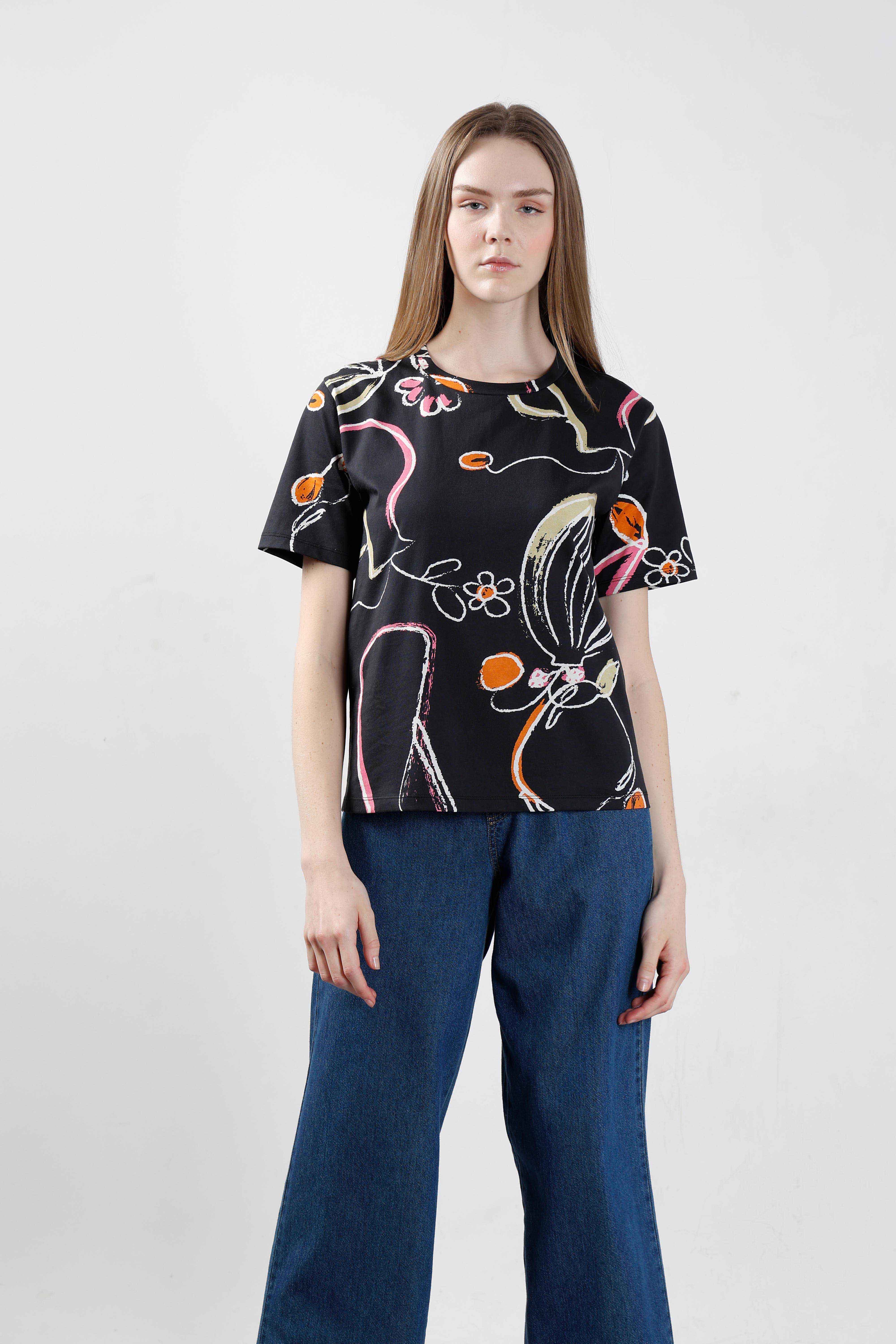 Vero Moda Black Printed Cotton T-Shirt