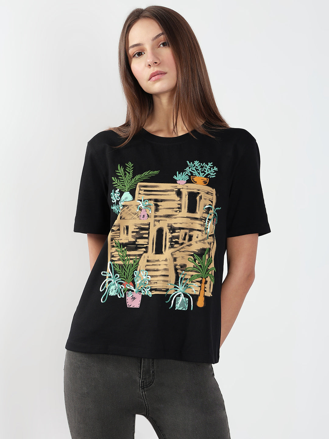 VERO MODA Black Printed Cotton T-shirt