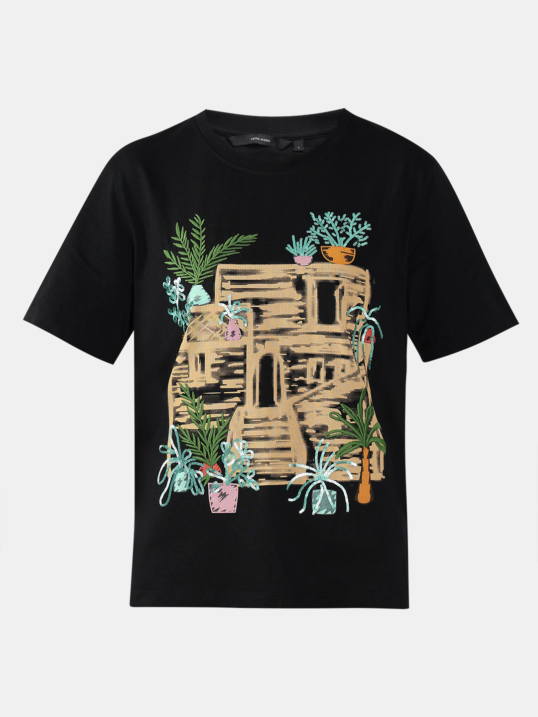 VERO MODA Black Printed Cotton T-shirt