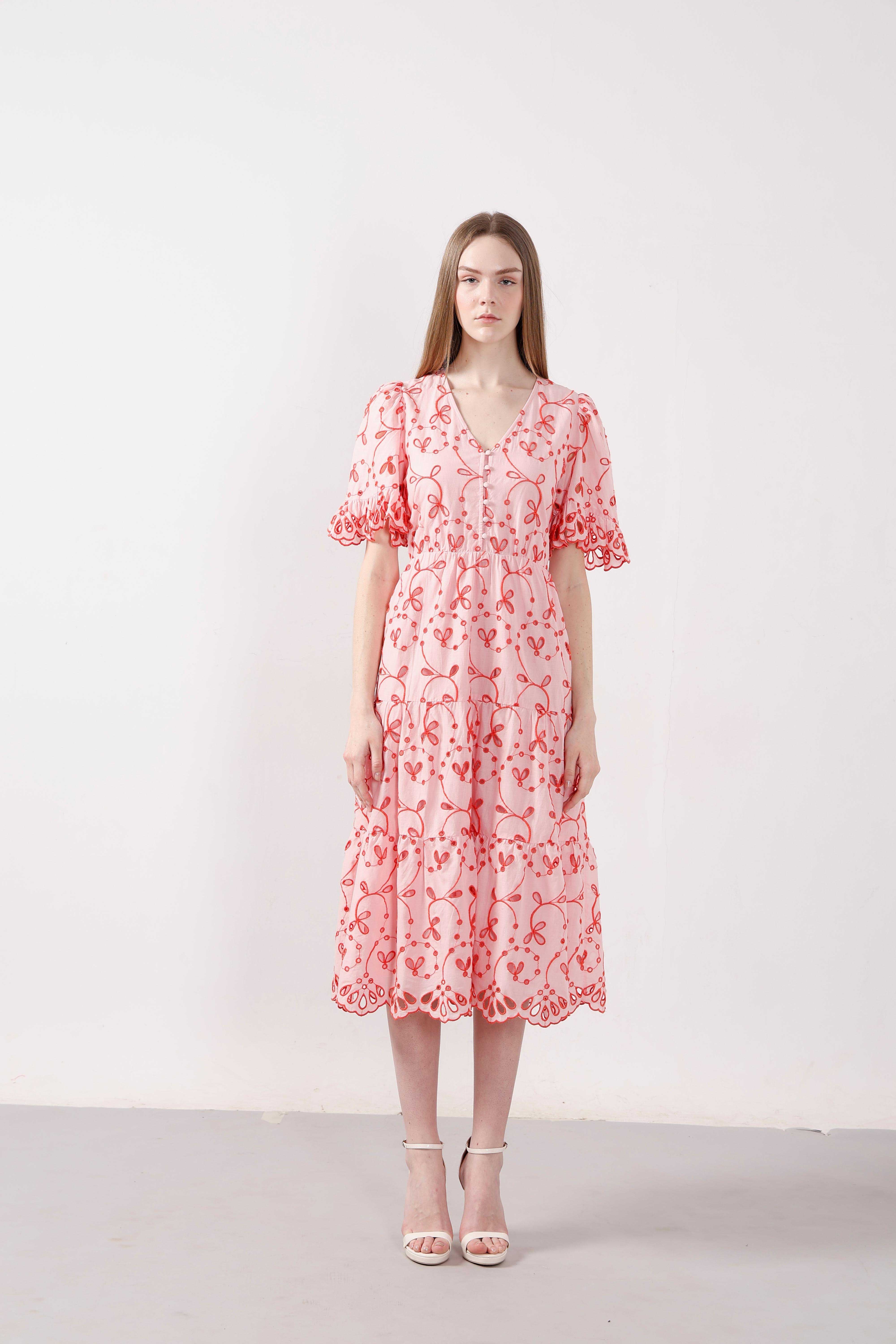 Vero Moda Pink Schiffli Embroidered Dress