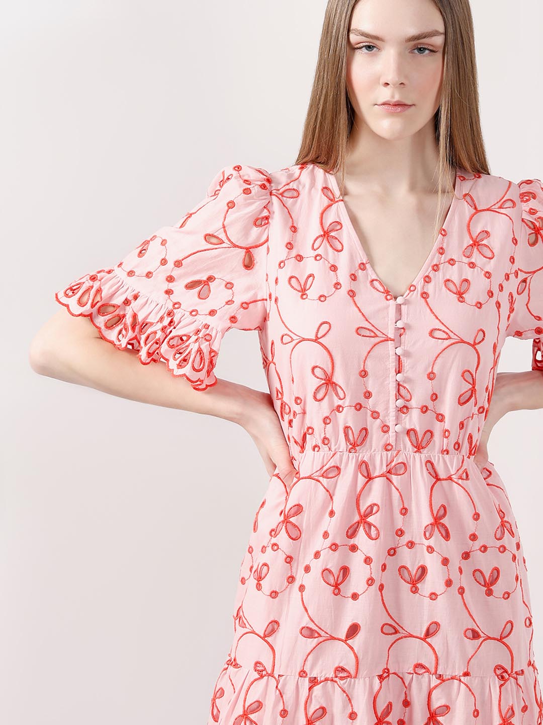 Vero Moda Pink Schiffli Embroidered Dress