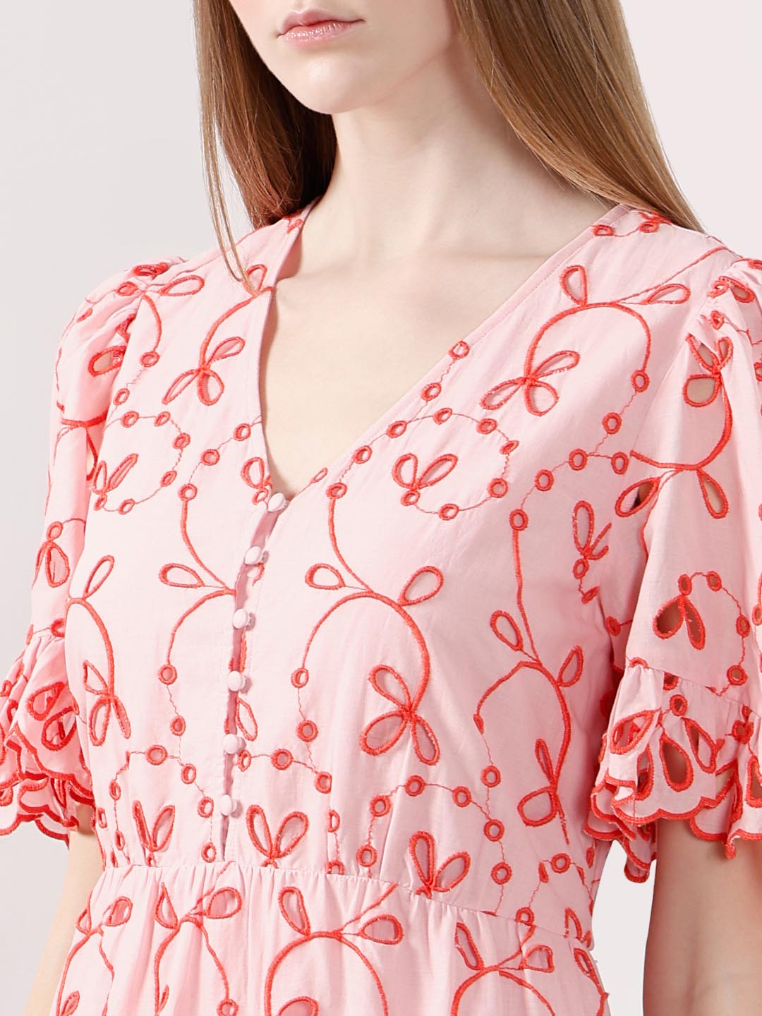 Vero Moda Pink Schiffli Embroidered Dress