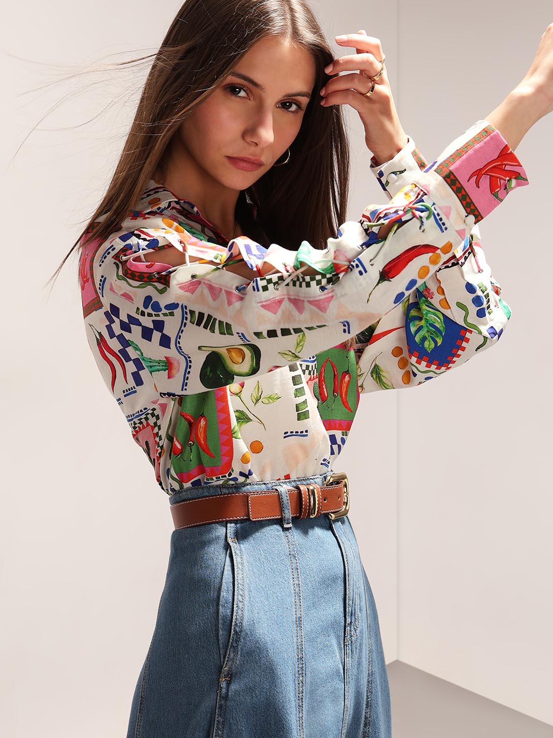Ecru Printed Full Sleeves Shirt - XS